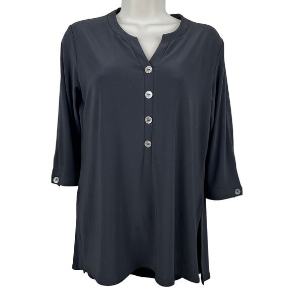 Sympli Tunic Top Blouse Metal Buttons Liquid Knit Black 4 Minimalist Lagenlook - Picture 2 of 12